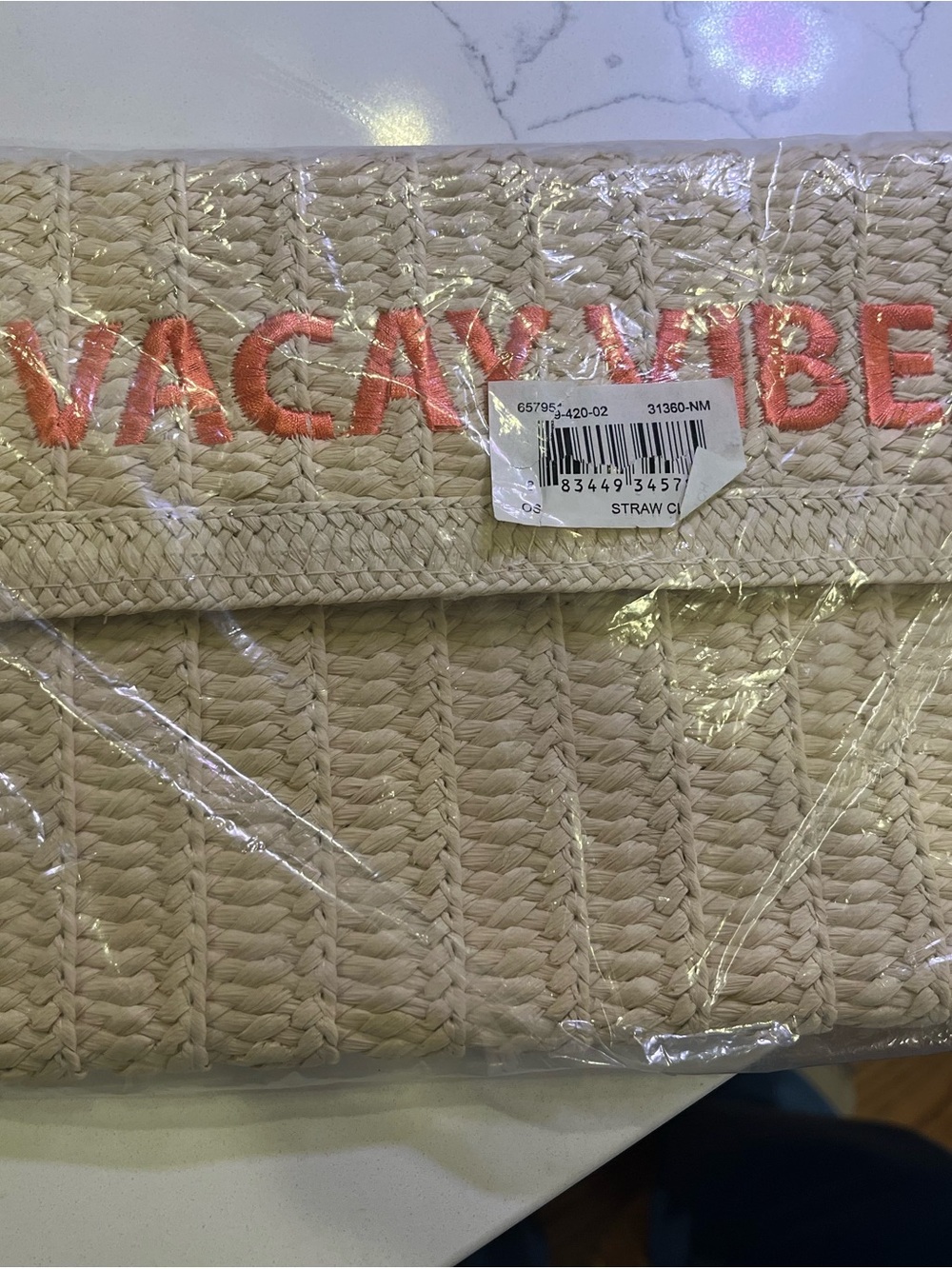 J. Crew Natural Straw Fold-Over Clutch with Coral 'VACAY VIBE' Embroidery